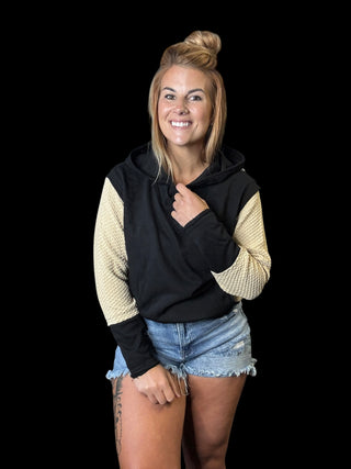 Black Colorblock Hooded Top