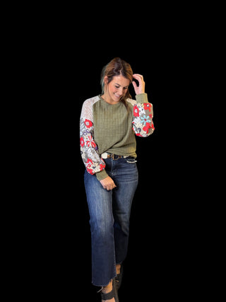 Green Floral Soft Ribbed Top With Lace Detail