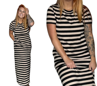 Black Stripe Casual Round Neck T-shirt Maxi Dress with Pockets