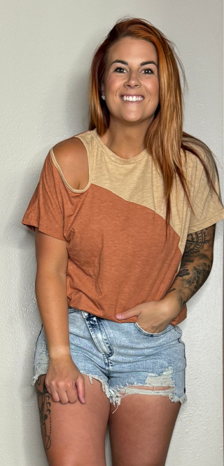 Cutout Sleeve Colorblock Top