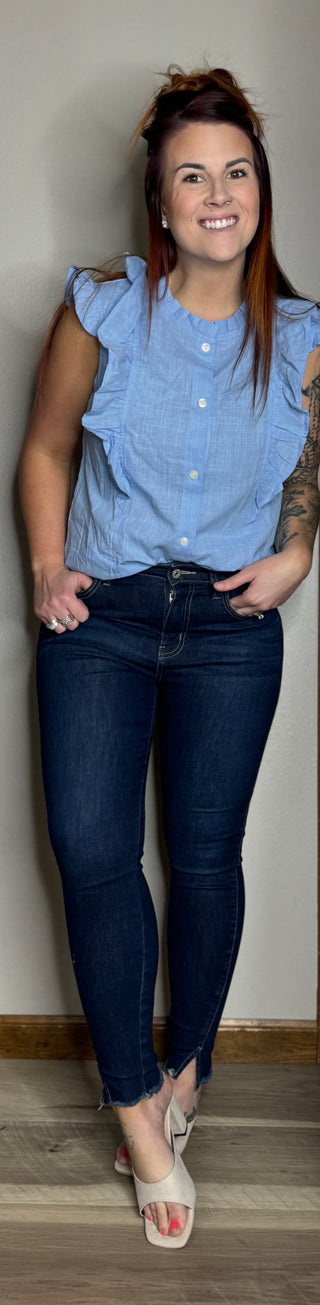 Light Blue Button Flutter Sleeve Top