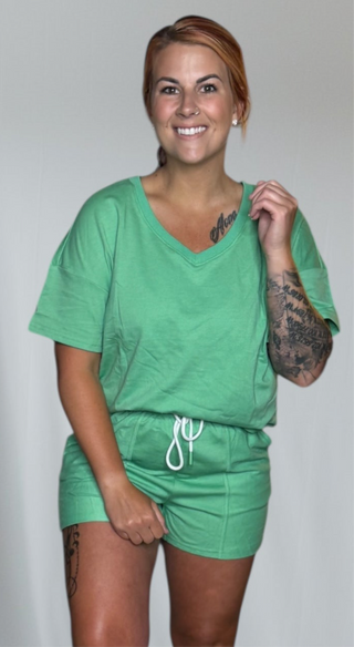 Green Vneck Short Sleeve & Short Set