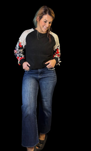 Black Floral Soft Ribbed Top With Lace Detail