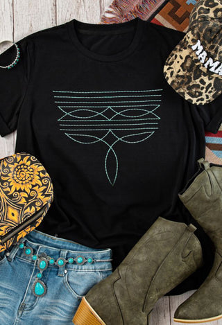 Black Geometric Western Style Embroidered Tee