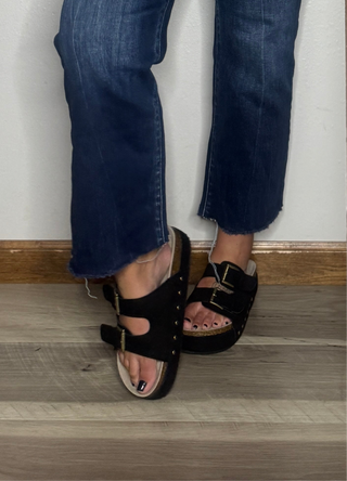 Black Seude Buckle Strap Sandals