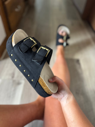Black Seude Buckle Strap Sandals