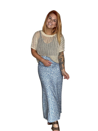 Blue Boho Floral High Waist Long Skirt with Side Split