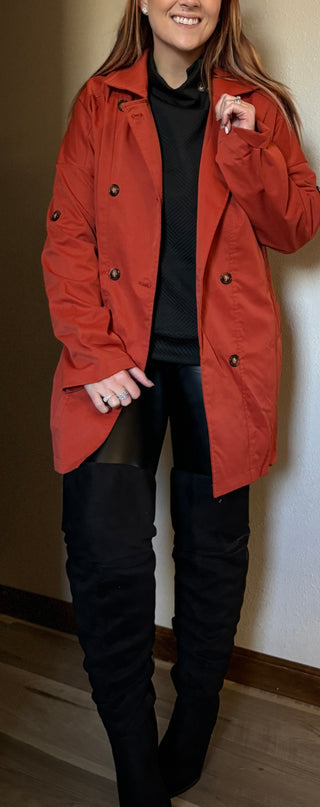 Rust Buttoned Oversized Coat With Pockets
