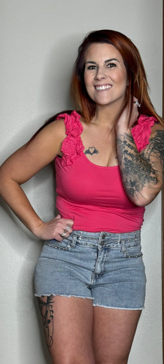 Hot Pink Ruffle Strap Tanktop