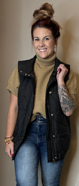 Khaki Textured Turtleneck Short Sleeve Sweater