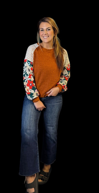 Rust Floral Soft Ribbed Top With Lace Detail