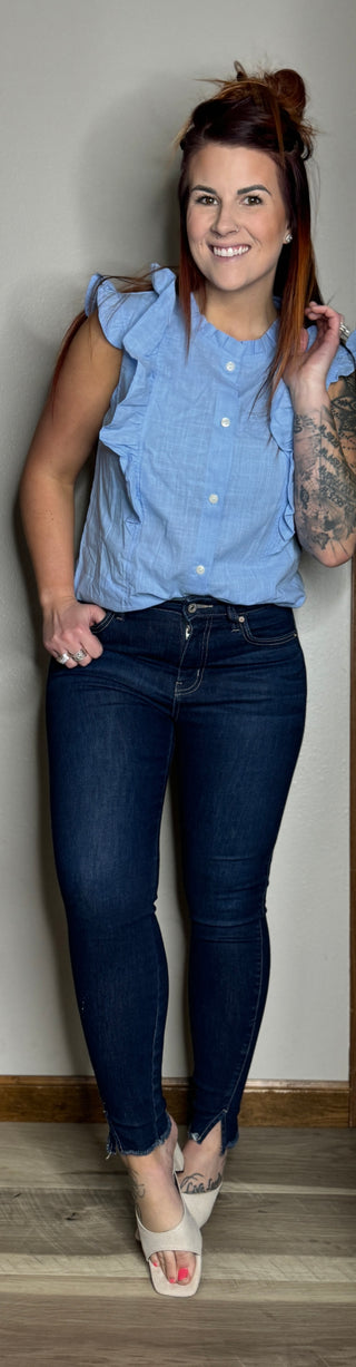 Light Blue Button Flutter Sleeve Top