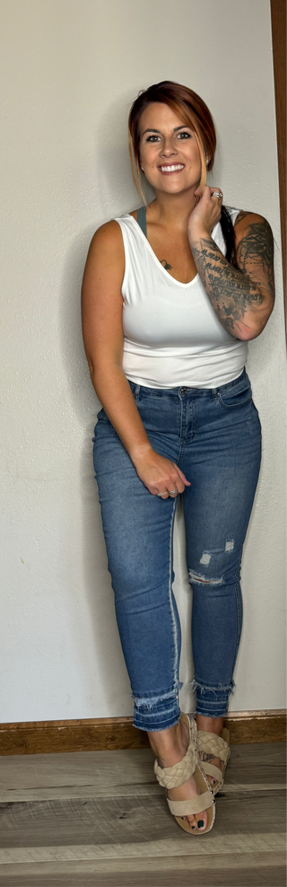 Frayed Medium Blue Jegging Style Jean