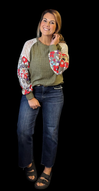 Green Floral Soft Ribbed Top With Lace Detail