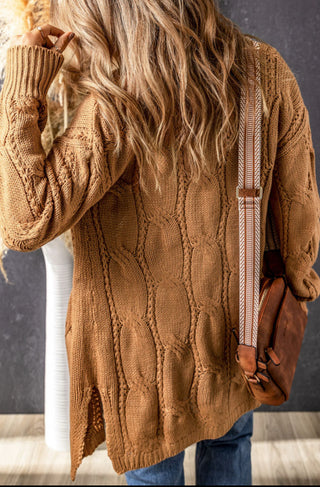 Light Brown Eyelet Detailed Cardigan With Side Slit