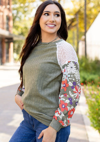 Green Floral Soft Ribbed Top With Lace Detail