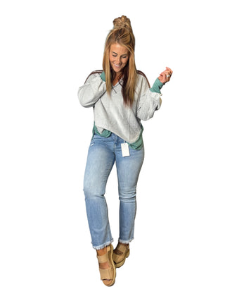Gray Long Sleeve Top With Green Trim Detail
