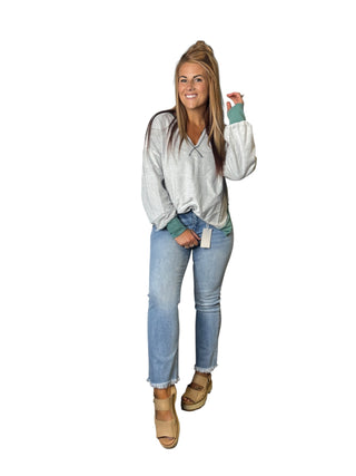 Gray Long Sleeve Top With Green Trim Detail