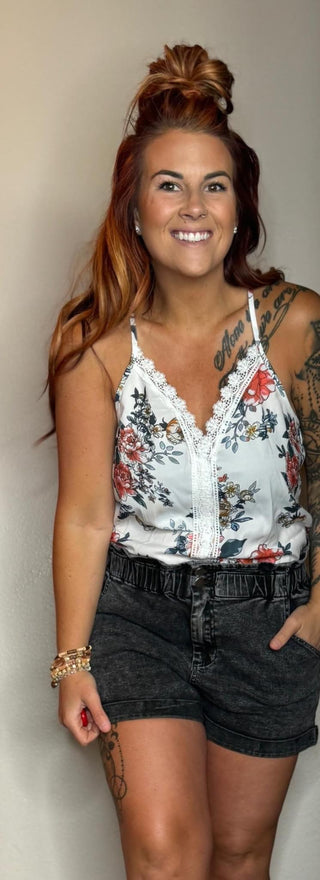 White Floral V Style Tank W/Lace