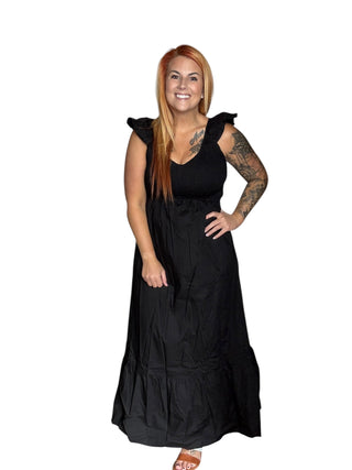 Black V Neck Flutter Sleeve Smocked Bodice High Waist Ruffle Maxi Dress