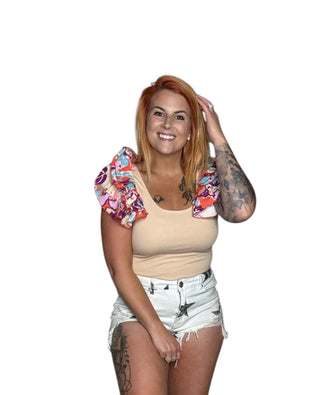 Beige Ribbed Tanktop With Ruffle Sleeve Detail