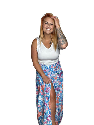 Blue Floral Printed High Waist Split Wrap Long Skirt