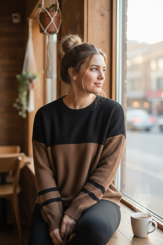 Brown Color Block Knit Striped Sleeve Sweater
