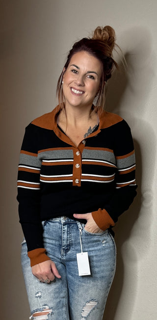 Rib Knit Striped Henley