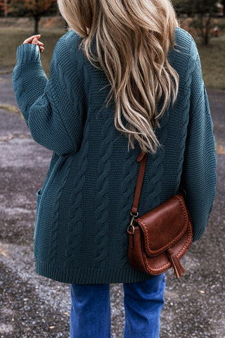 Blue Cable Knit Button Oversized Cardigan With Pockets