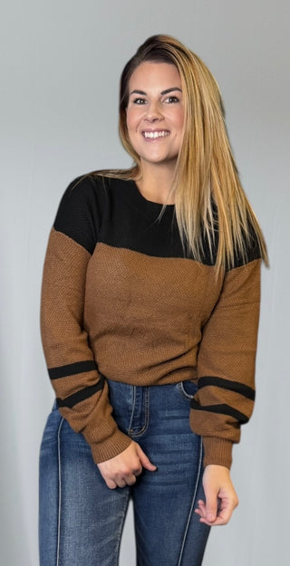 Brown Color Block Knit Striped Sleeve Sweater