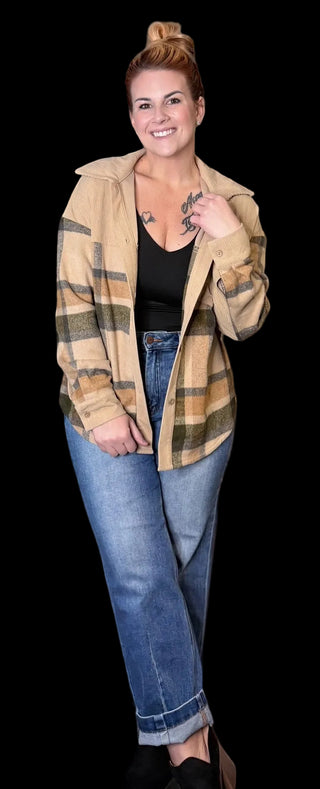 Beige/Green Plaid Patchwork Shacket