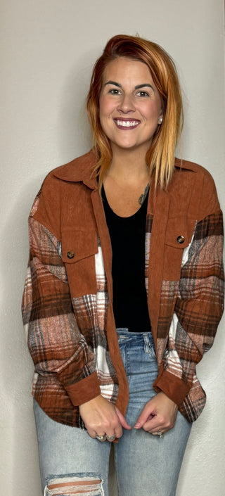 Rusty Brown Plaid Corderoy Shacket