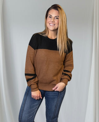 Brown Color Block Knit Striped Sleeve Sweater