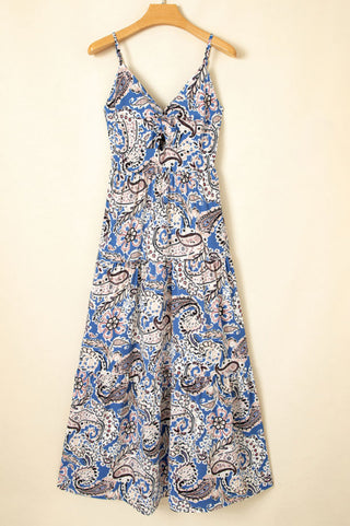 Blue Paisley Print Smocked Back Spaghetti Strap Long Dress