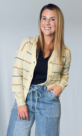 Beige Multicolor Striped V Neck Cardigan Sweater