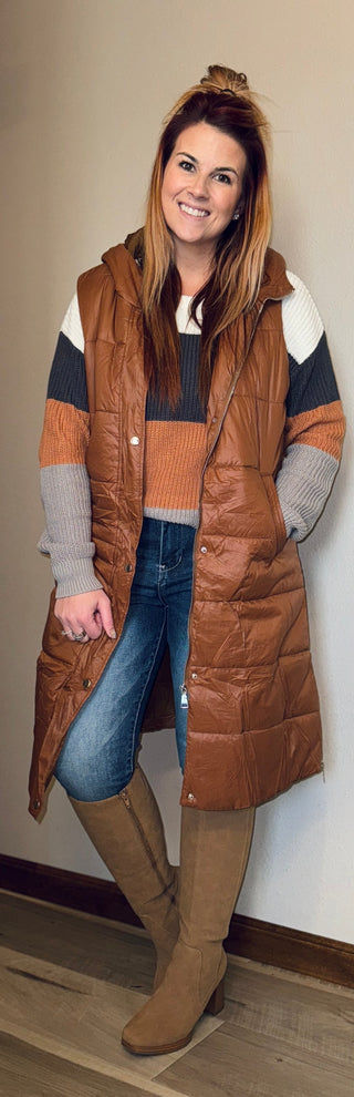 Brown Long Cozy Hooded Vest