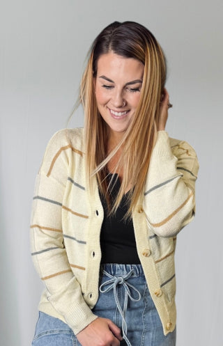 Beige Multicolor Striped V Neck Cardigan Sweater