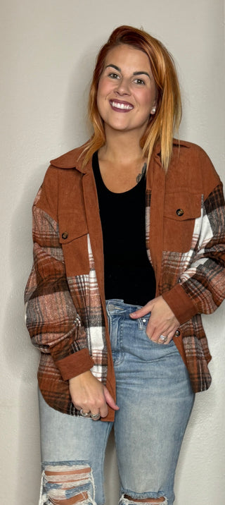Rusty Brown Plaid Corderoy Shacket