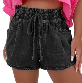 Black Vintage Drawstring Denim Shorts