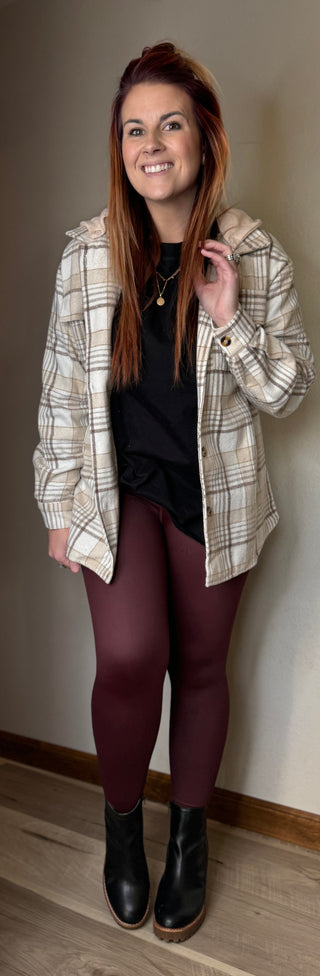 Khaki Plaid Button Up Hooded Shacket