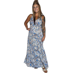 Blue Paisley Print Smocked Back Spaghetti Strap Long Dress