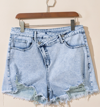 Asymmetric Distressed Denim Shorts